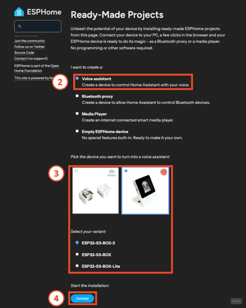 ESP32-S3-BOX-3 deploys Home Assistant localized voice assistant, 3 personalized teaching methods – Home Assistant step-by-step teaching EP 10 20 前往 ESPHome 專案網站:https://esphome.io/projects/index.html選擇「Voice assistant」選擇「ESP32-S3-BOX-3」點擊「Connect」